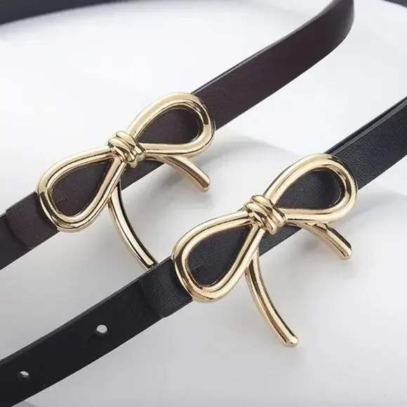 2/$30 Bow Belt NEW Black 27"-35" Gold Bow Adjustable Vegan Leather 40" Total - Picture 5 of 8
